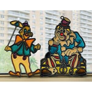 VTG Tiffany Style Stained Glass Sun Catchers Pewter Frame Circus Clowns Set of 2